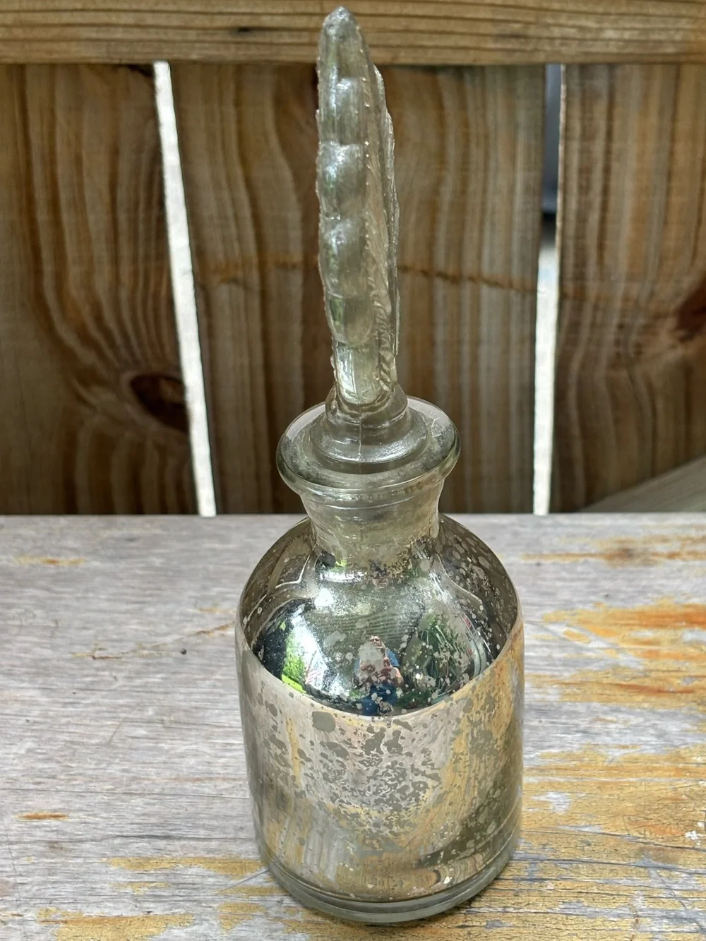 Pottery Barn Mercury Glass Decorative Bottle with Glass Stopper 8 7/8”H